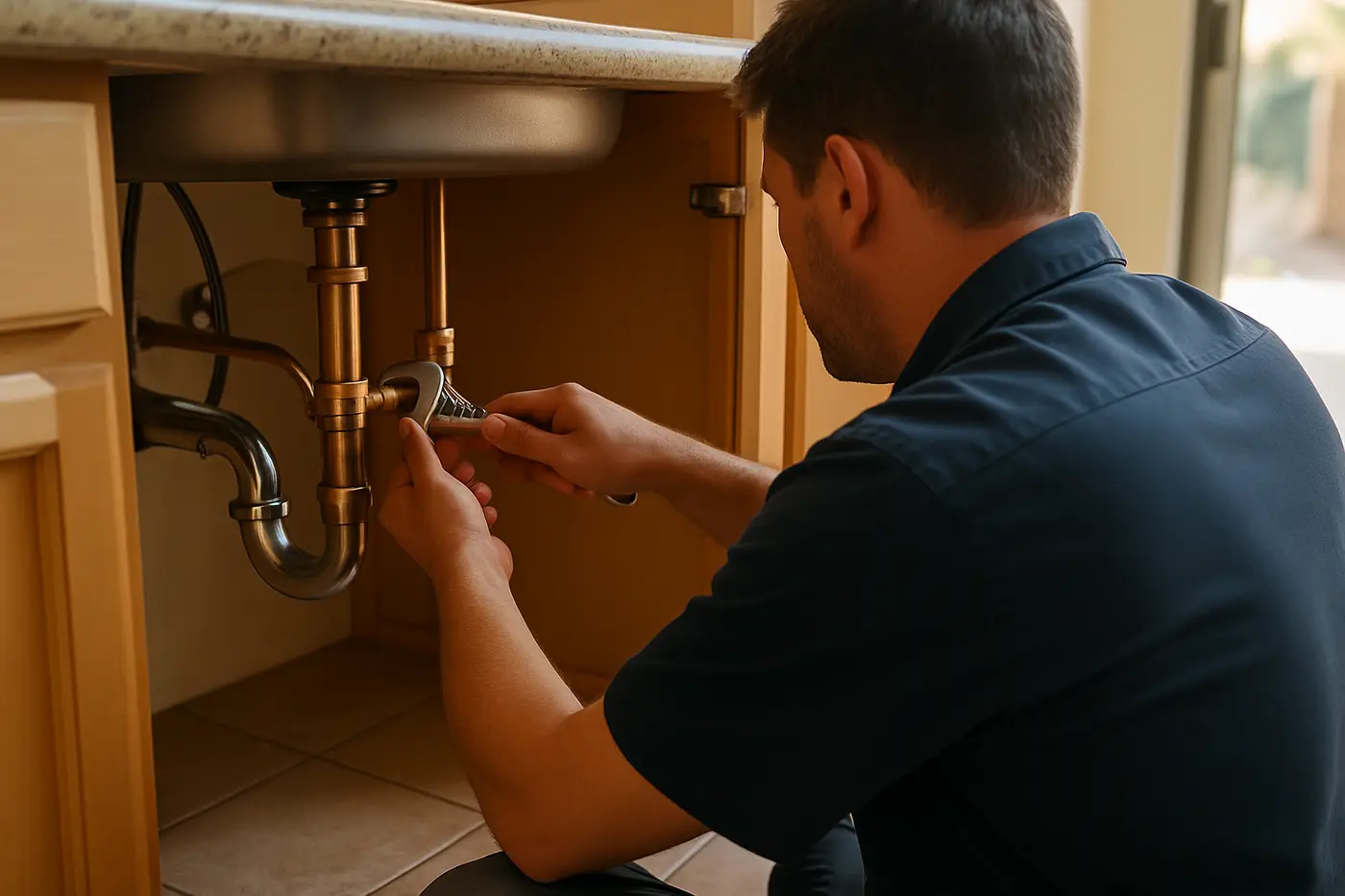 Licensed Phoenix plumbers Plumber tightening a copper fitting under a kitchen sink in a Phoenix home