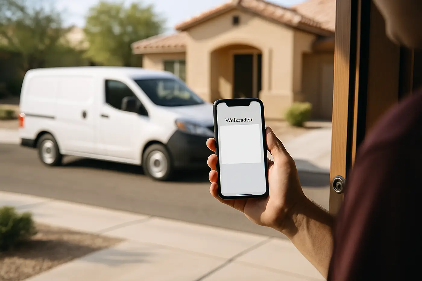 Checking a cheap emergency plumber in Phoenix Homeowner checking a contractor license on a phone at the front door