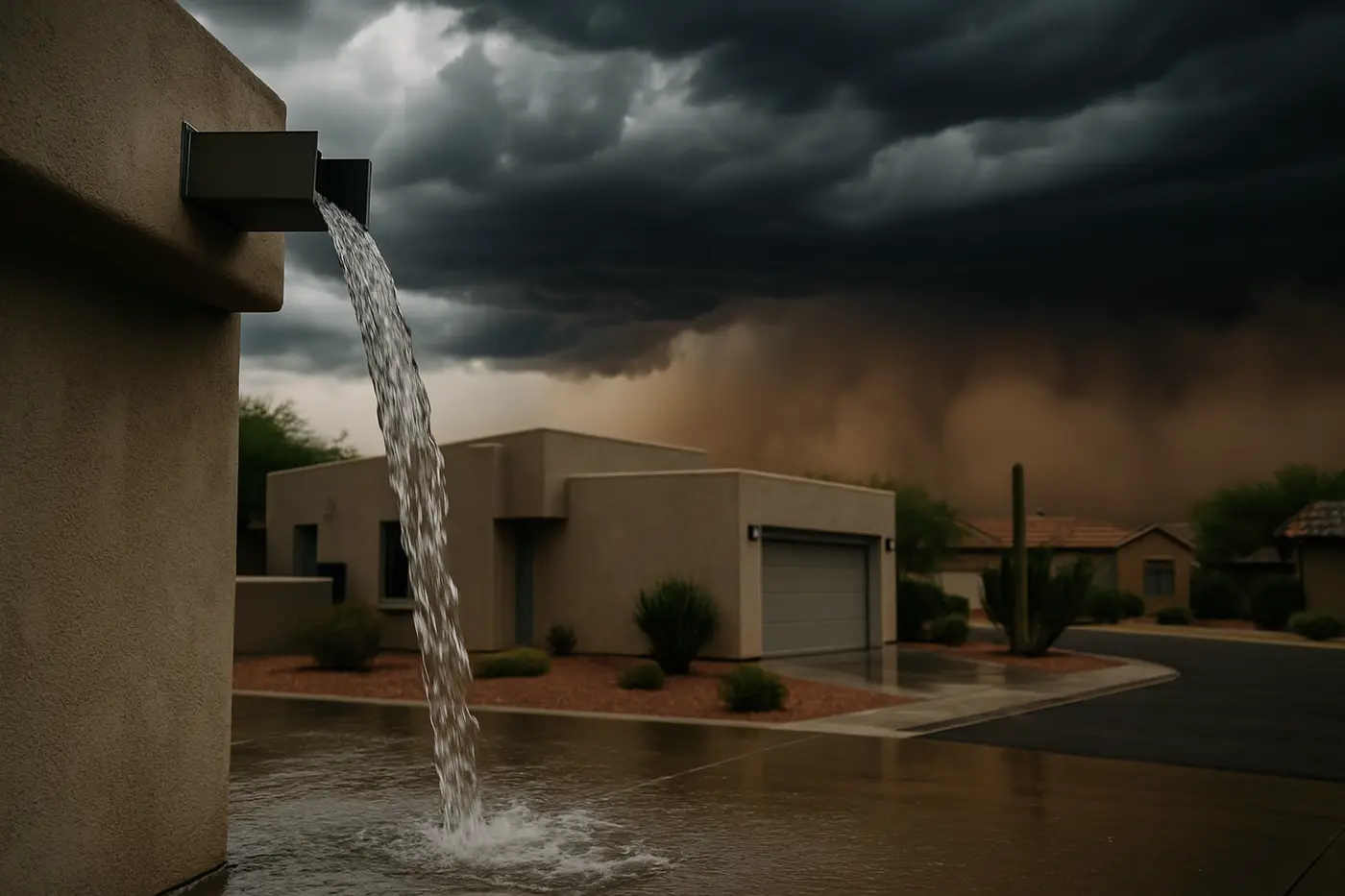 Monsoon season plumbing problems in Phoenix Monsoon storm clouds over a Phoenix neighborhood with water pouring from a roof scupper
