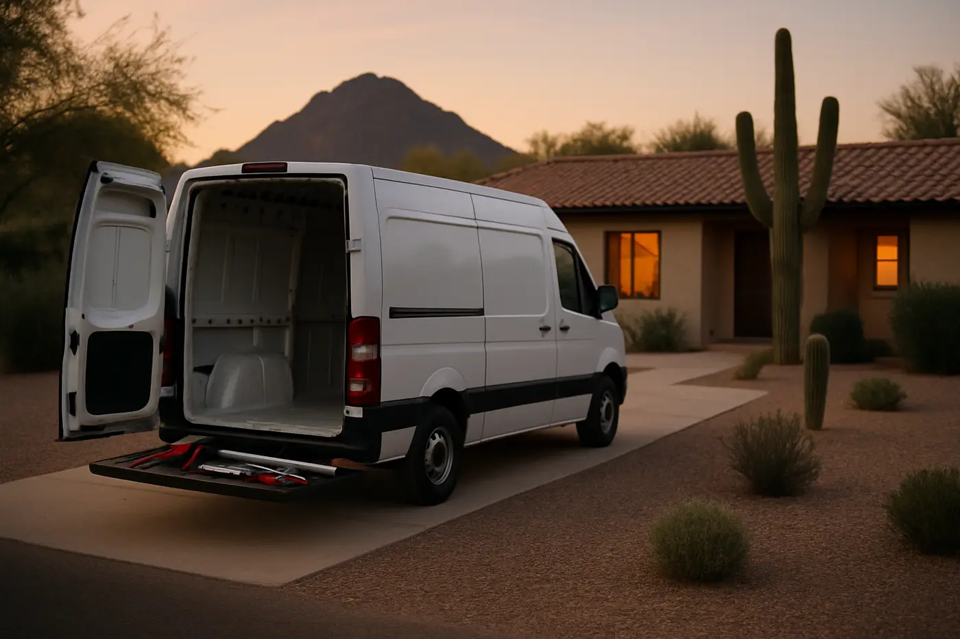 24/7 emergency plumber across Phoenix Plumber's service van parked outside a Phoenix home at dusk with tools laid out for an emergency repair