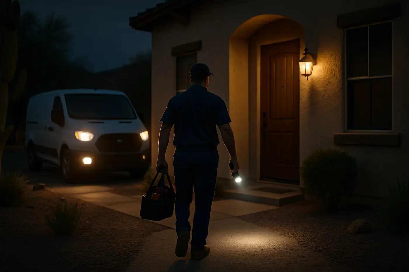 24 hour emergency plumber Phoenix Plumber arriving at night at a Phoenix home with a flashlight and tool bag