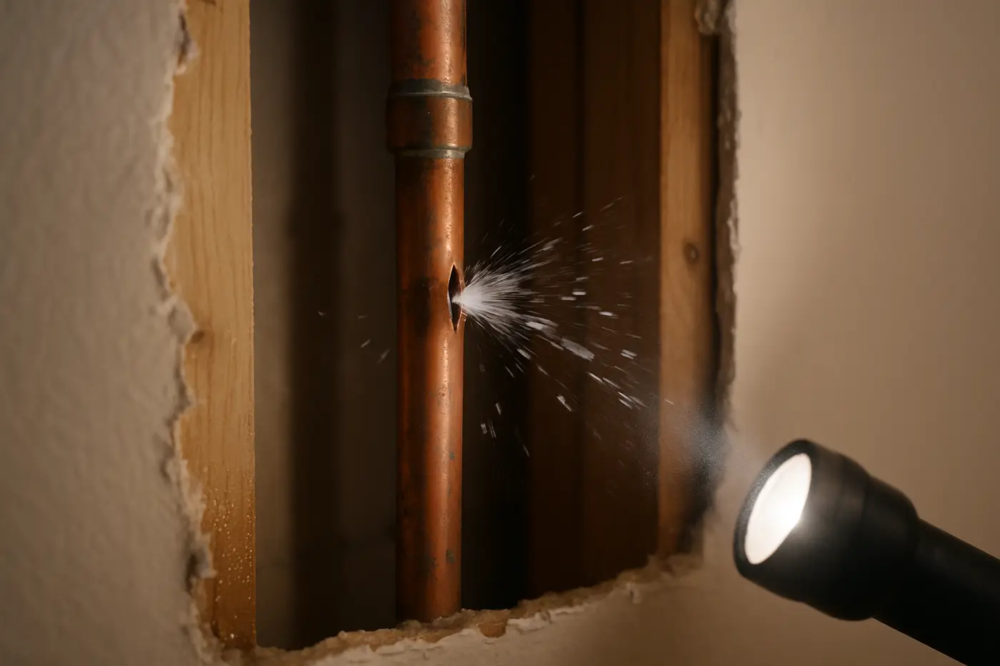Burst pipe repair Phoenix Split copper pipe spraying water inside an opened wall in a Phoenix home