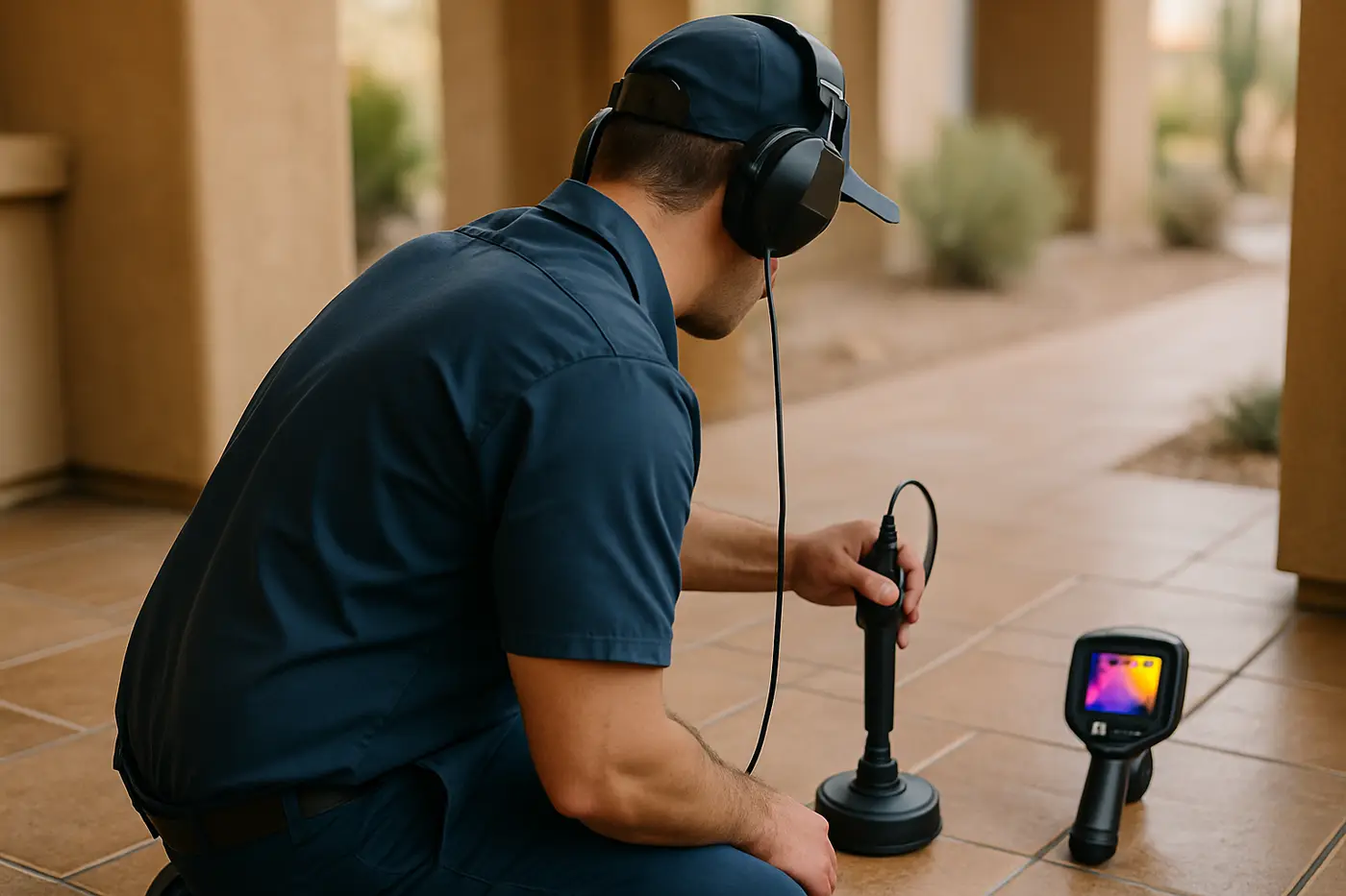 Leak detection Phoenix Plumber using an acoustic leak detector on the tile floor of a Phoenix home