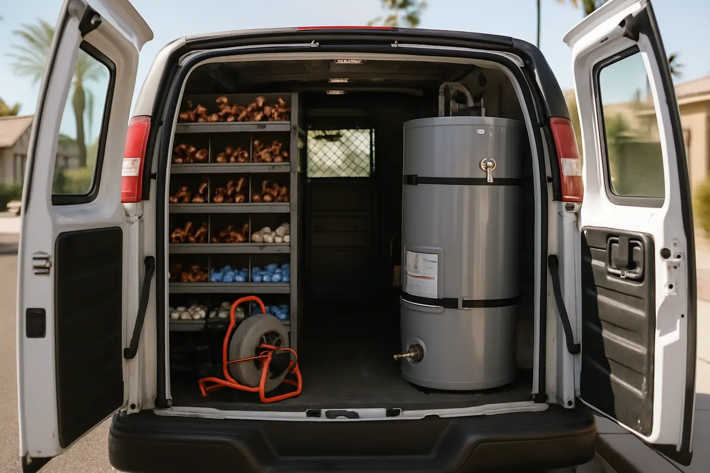 Emergency plumbing dispatch Plumbing van with rear doors open loaded with pipe, fittings and a drain machine on a Phoenix street