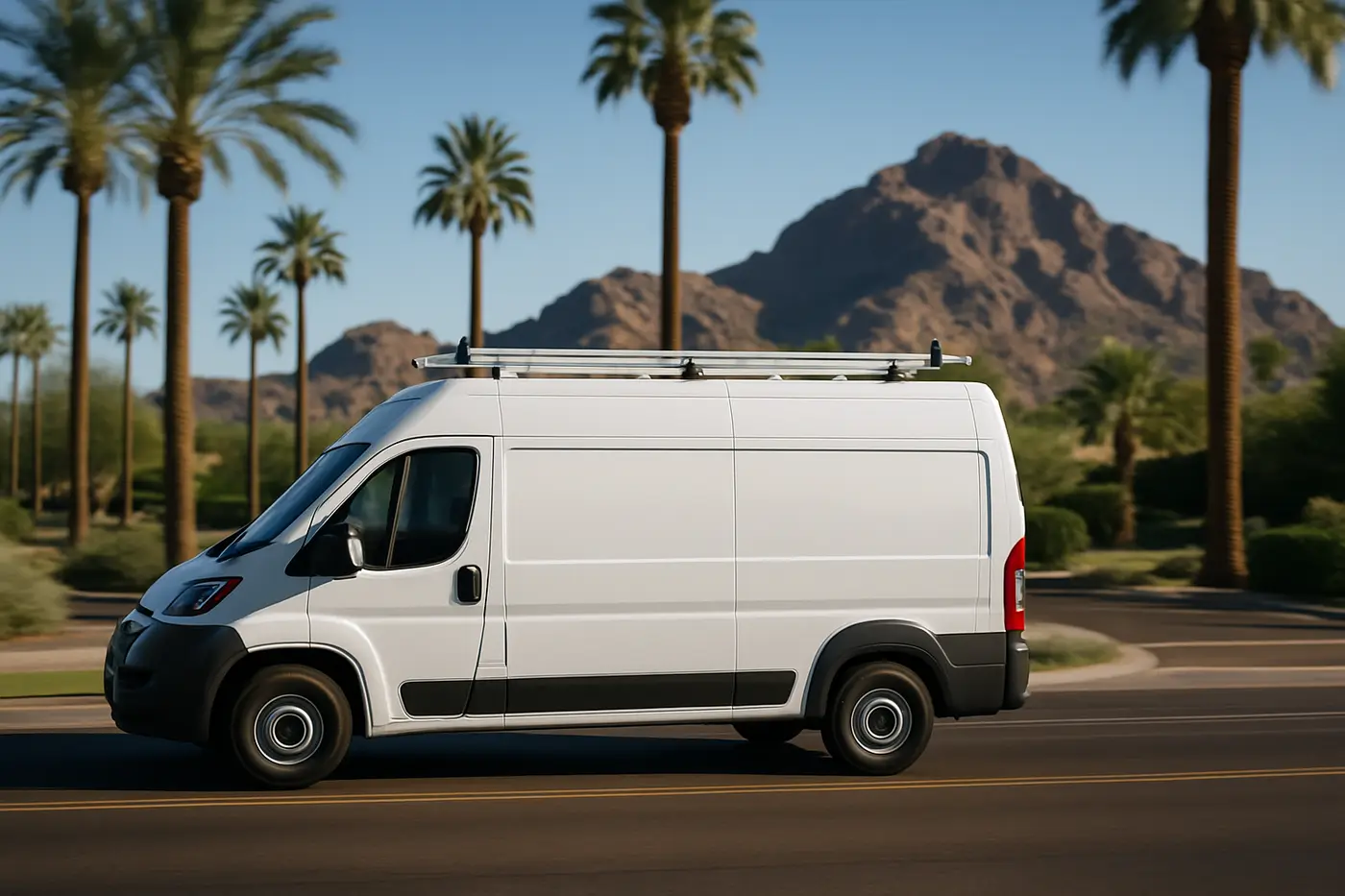Emergency plumbers on the road across Phoenix Plumber's van driving through a Phoenix neighborhood with Camelback Mountain in the background