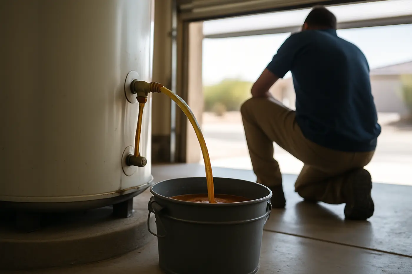 Water heater service in Phoenix Water heater in a Phoenix garage being drained and inspected for sediment